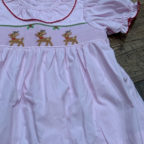 Baby Sen by Remember Nguyen Pink Dress with Smocked Reindeer Embroidery - Picture 2 of 5